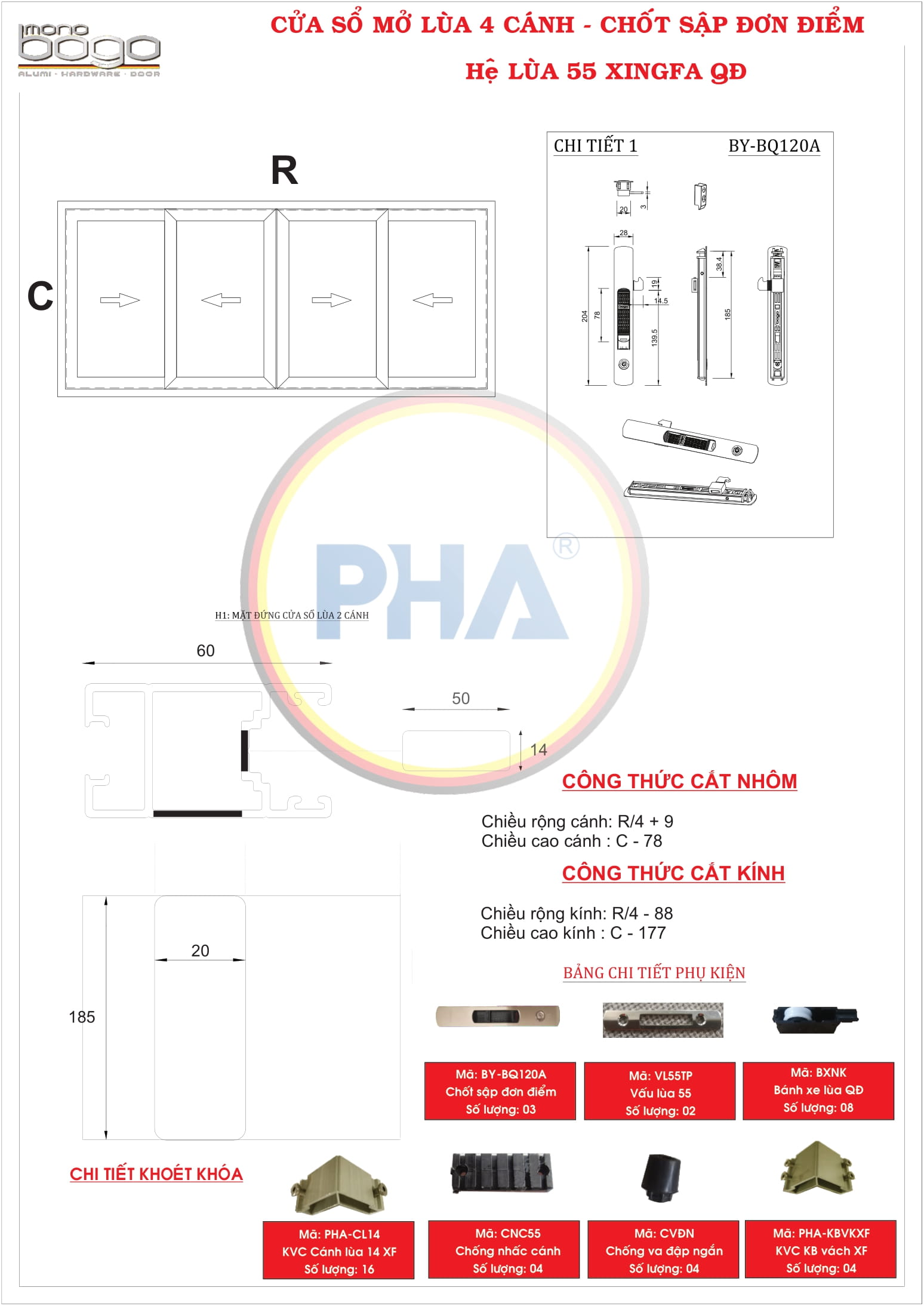 18.  Cửa Sổ Mở Lùa 4 Cánh Hệ 55 Nhôm xingfa nhập